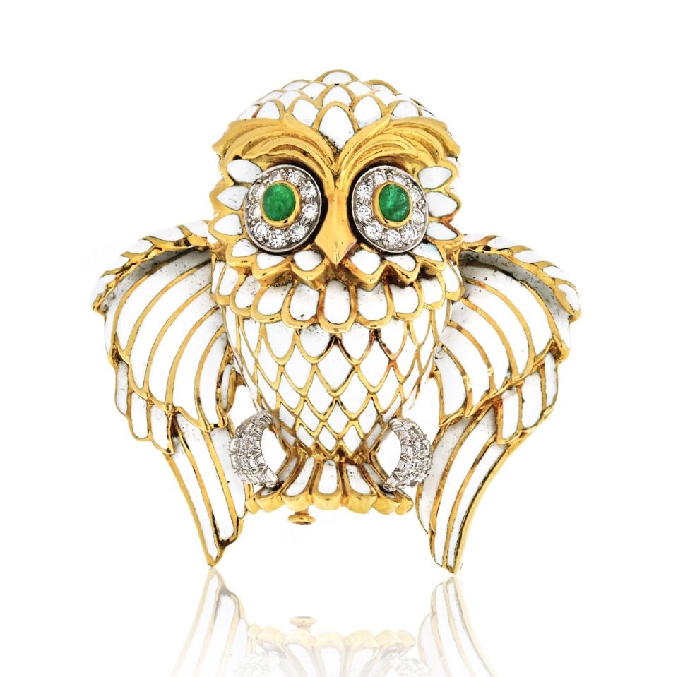 David Webb Platinum 18K Yellow Gold Owl Brooch with Diamonds and Emeralds (1 of 3)
