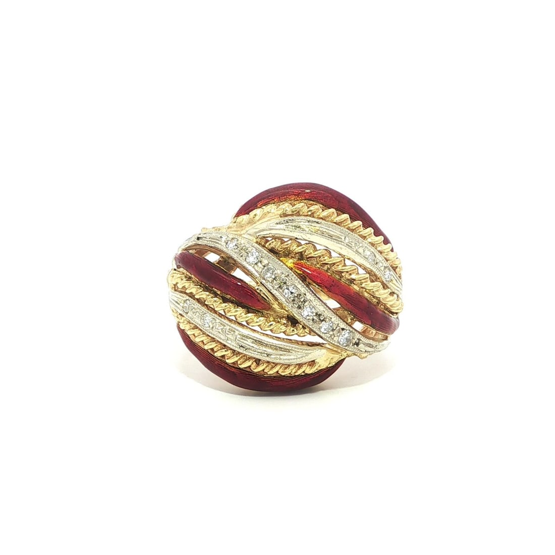 Red Orange Enamel Bombe Dome Ring in 17-18k Yellow Gold with Diamonds: Red Orange Enamel Bombe Dome Ring in 17-18k Yellow Gold with Diamonds This vintage dome ring features a twisted bombe design crafted from solid 17-18k yellow gold with white gold accents. The top is a