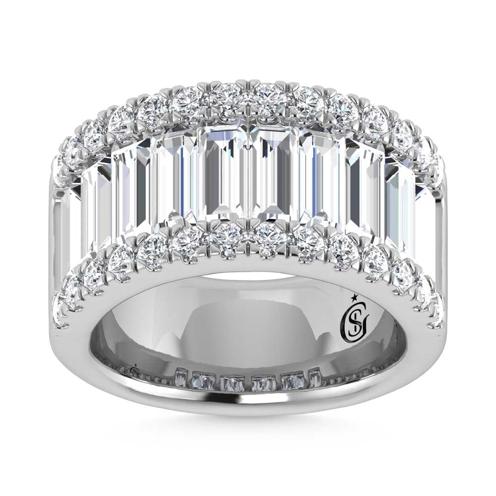 14K White Gold Round & Baguette Lab Grown Diamond 5 Ct.Tw. Wedding Band: 14K White Gold Round & Baguette Lab Grown Diamond 5 Ct.Tw. Wedding Band Designed to impress, this 14K white gold wedding band features 5 Ct.Tw. of round and baguette lab grown diamonds for bold elegan