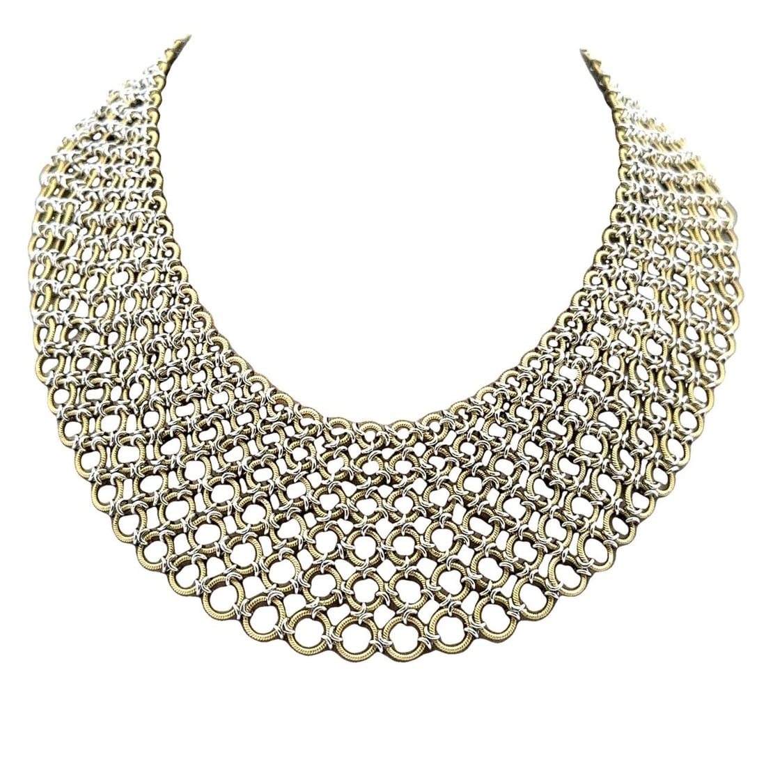 Wide Interlocking Mesh 18k Yellow and White Gold Italian Bib Necklace 16 Inch: Wide Interlocking Mesh 18k Yellow and White Gold Italian Bib Necklace 16 Inch This Italian bib necklace features a wide, interlocking mesh design crafted from solid 18k yellow and white gold. The neck