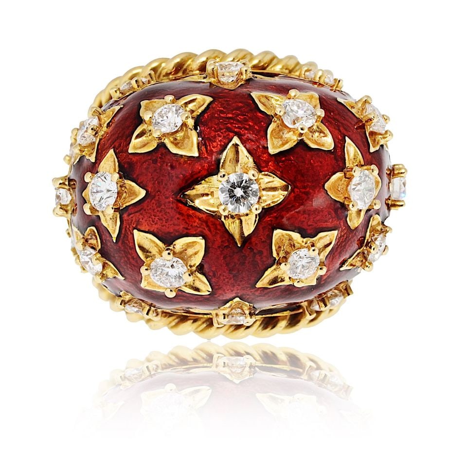 David Webb Platinum 18K Yellow Gold Red Enamel Diamond Ring (1 of 4)