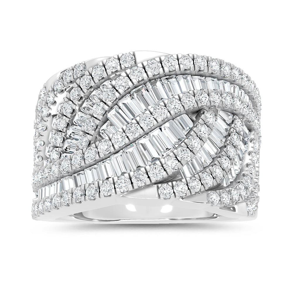 14K White Gold Lab Grown Diamond 2 Ct.Tw. Round and Tapper Fashion Ring: 14K White Gold Lab Grown Diamond 2 Ct.Tw. Round and Tapper Fashion Ring Crafted in sleek 14K White Gold, this fashion ring features round and tapered lab grown diamonds totaling 2 Ct.Tw., creating a c
