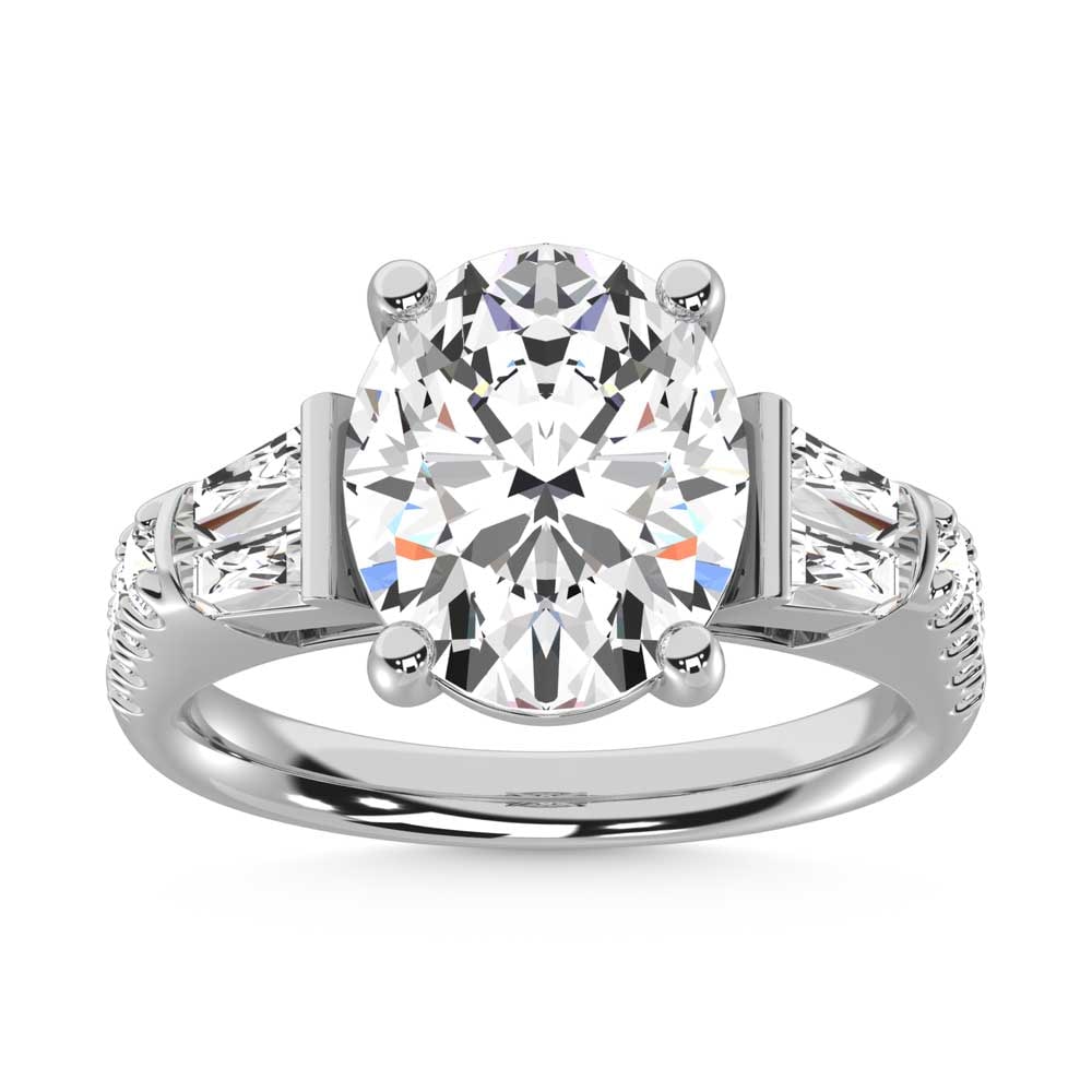 14K White Gold Lab Grown Diamond 4 5/8 Ct.Tw. Oval Shape Solitaire Ring: 14K White Gold Lab Grown Diamond 4 5/8 Ct.Tw. Oval Shape Solitaire Ring This stunning three-stone ring features a sparkling 4 CT Oval Center diamond with two shimmering side diamonds, symbolizing past