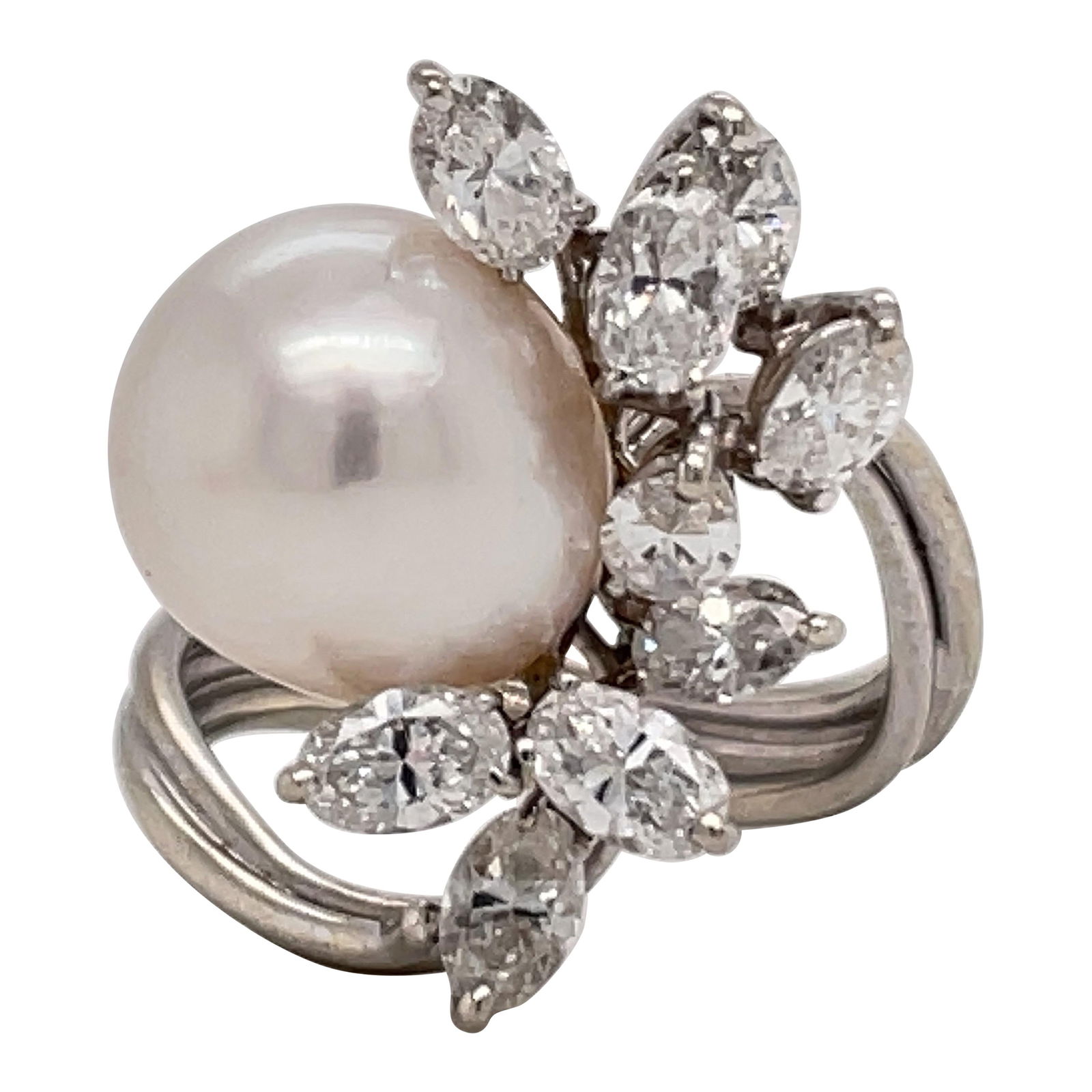 14K White Gold Australian South Sea Pearl Diamond Cluster Ring 2 Carats: 14K White Gold Australian South Sea Pearl Diamond Cluster Ring 2 Carats This exquisite cocktail ring showcases a stunning Australian South Sea Pearl, measuring 11-11.5 mm, at its center, beautifully c