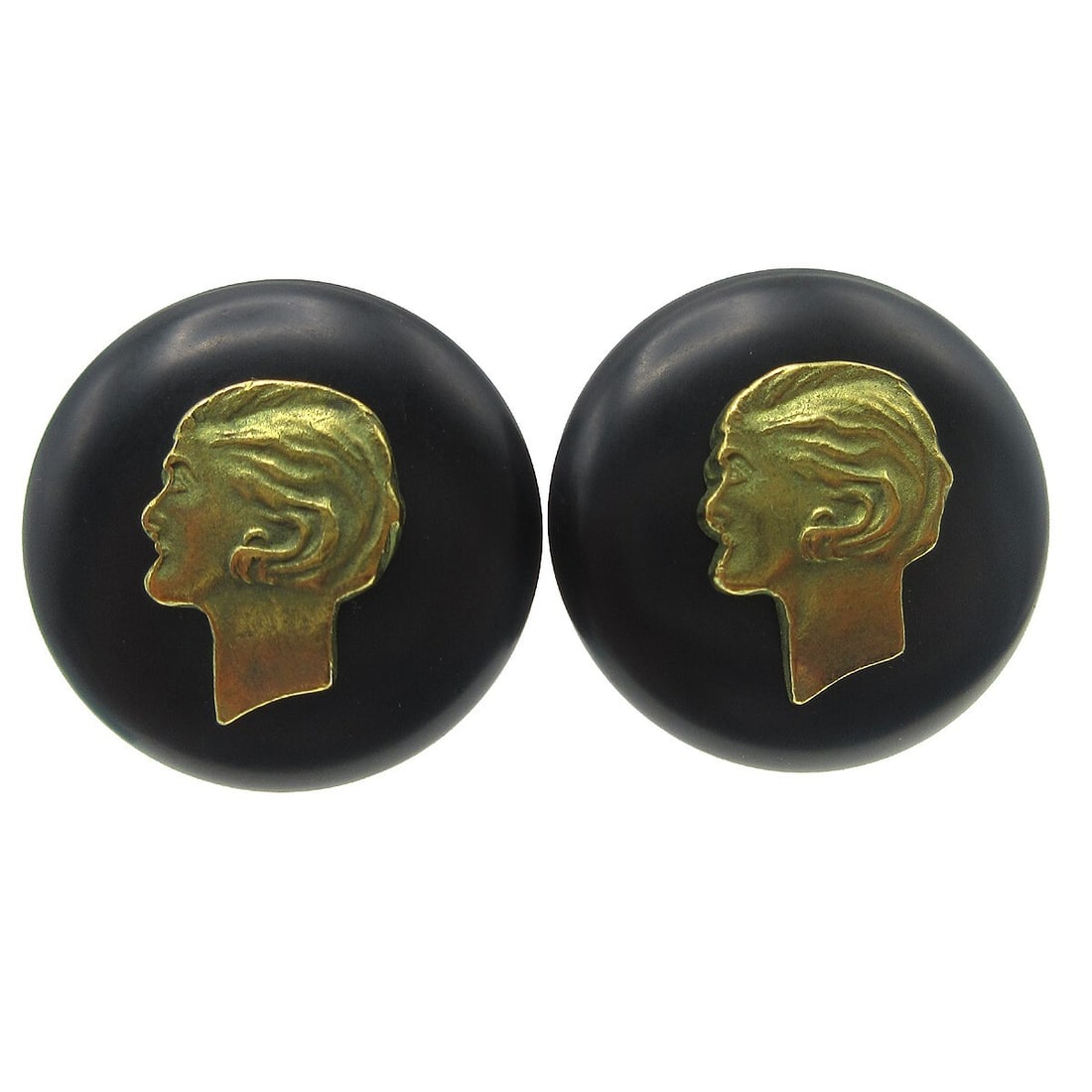 Chanel Vintage Black Gold Clip-On Button Earrings 94A: Chanel Vintage Black Gold Clip-On Button Earrings 94A Elevate your accessory collection with these vintage Chanel Button Earrings, featuring a stylish black design and gold-plated accents. These clip-