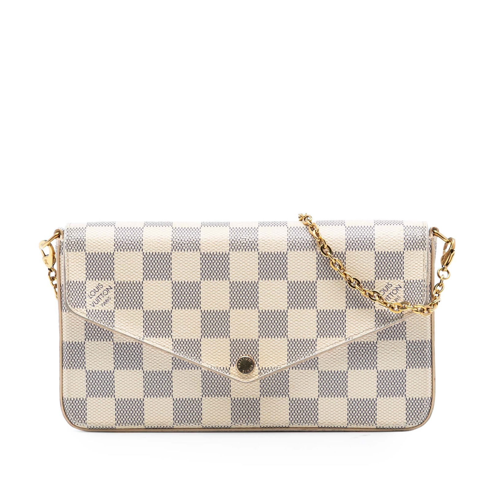 Louis Vuitton Felicie Crossbody in Damier Azur Canvas with Chain Strap: Louis Vuitton Felicie Crossbody in Damier Azur Canvas with Chain Strap The Louis Vuitton Damier Azur Pochette Felicie is a crossbody bag crafted from damier azur canvas in white. It features a detacha