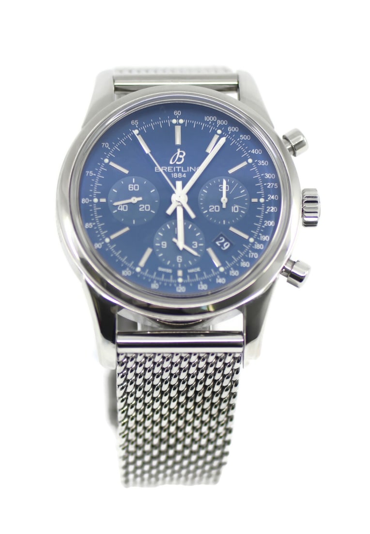 Breitling Transocean Chronograph Blue Dial Stainless Steel Watch AB0151 with Box and Papers (1 of 4)