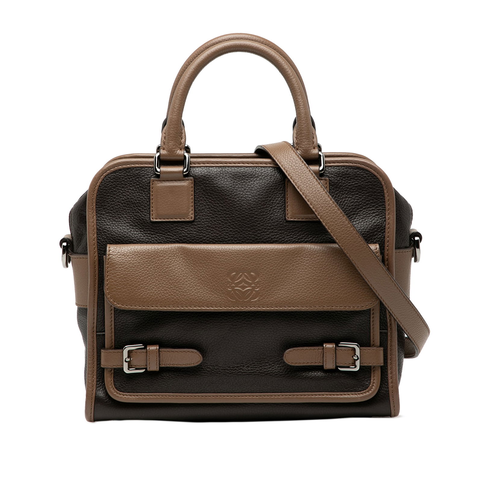 Loewe Cruz Satchel in Two Tone Grained Calfskin Leather with Adjustable Strap: Loewe Cruz Satchel in Two Tone Grained Calfskin Leather with Adjustable Strap This satchel features a bicolor grained calfskin leather body with rolled leather handles, an adjustable and detachable fl