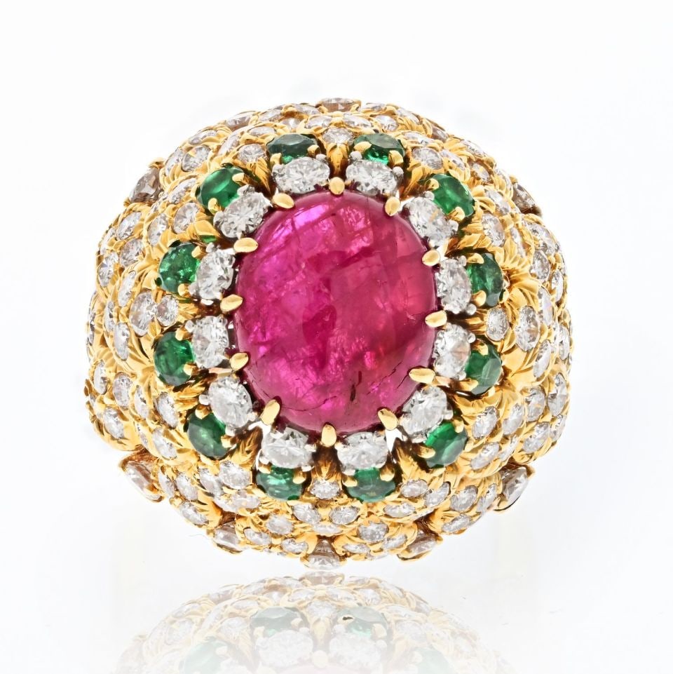 David Webb 1970s 18K Yellow Gold Ruby Diamond Emerald Cocktail Ring: David Webb 1970s 18K Yellow Gold Ruby Diamond Emerald Cocktail Ring This stunning David Webb cocktail ring from the 1970s features an exquisite combination of ruby, diamond, and emerald set in luxurio