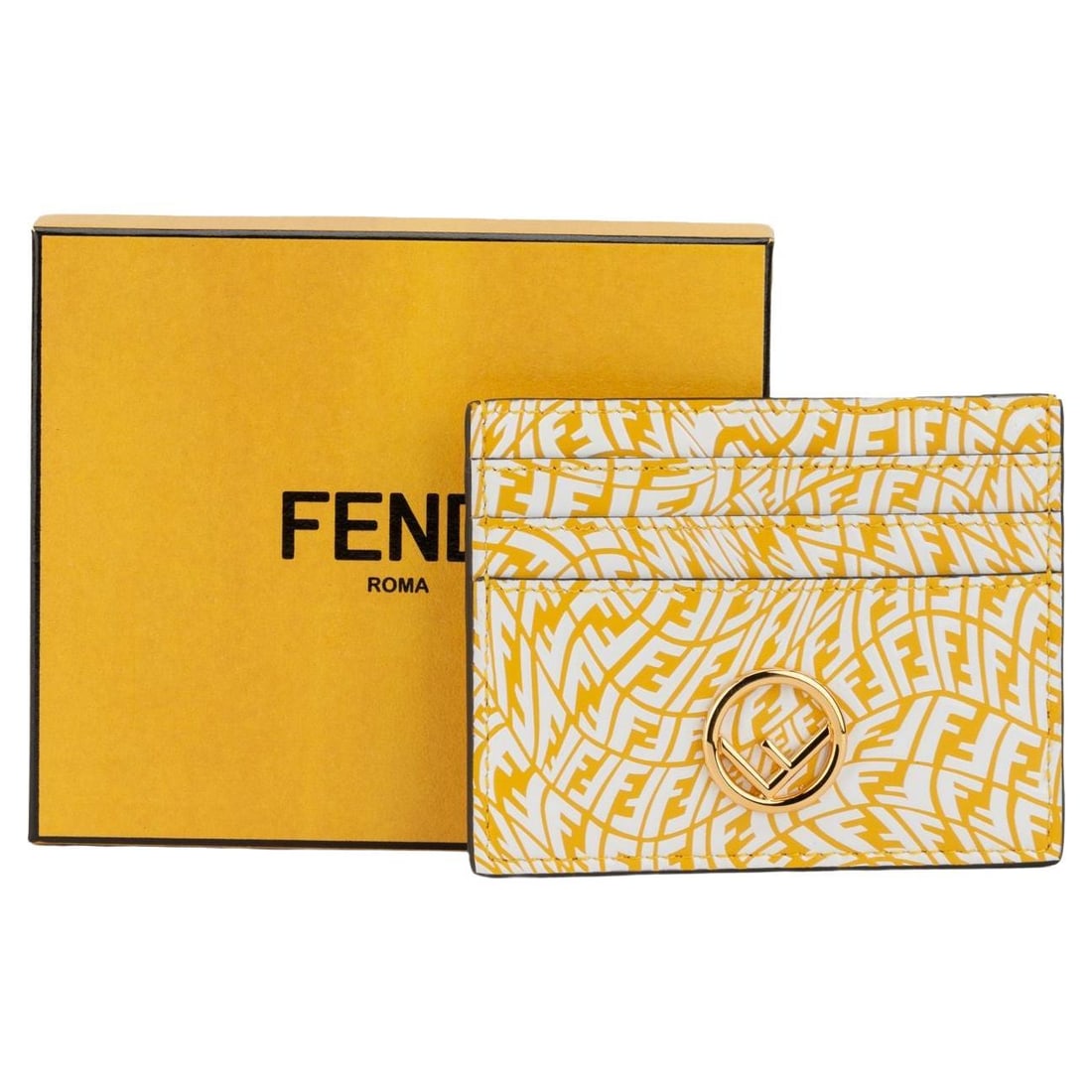 Fendi Yellow White Vertigo Print Card Case with Box: Fendi Yellow White Vertigo Print Card Case with Box This Fendi credit card case showcases a striking yellow and white vertigo print, perfect for adding a touch of luxury to your everyday essentials. C