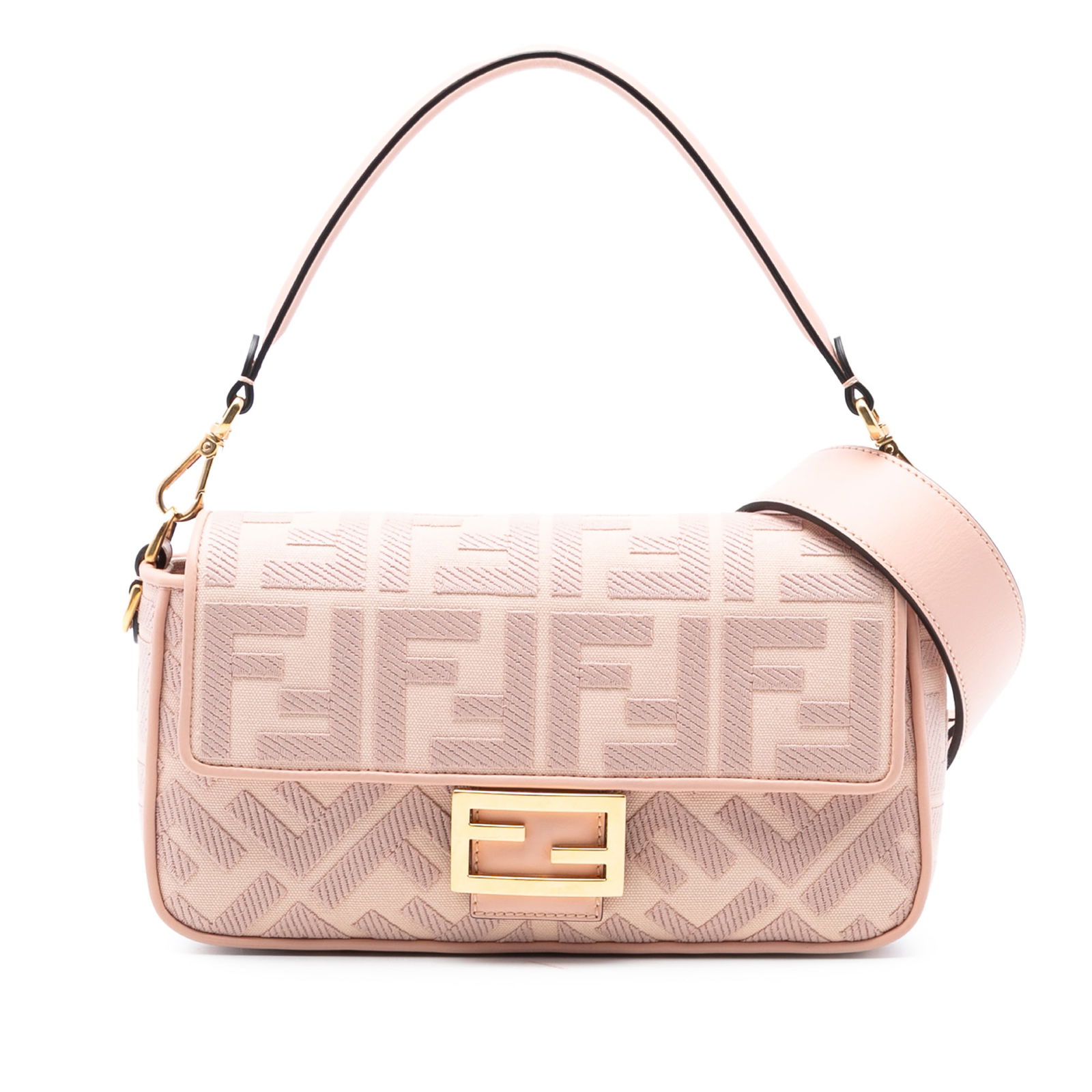 Fendi Zucca Baguette Pink Embroidered Canvas Satchel with Detachable Straps: Fendi Zucca Baguette Pink Embroidered Canvas Satchel with Detachable Straps This Fendi Zucca Embroidered Canvas Baguette Satchel features a pink embroidered canvas body with leather trim, a detachable