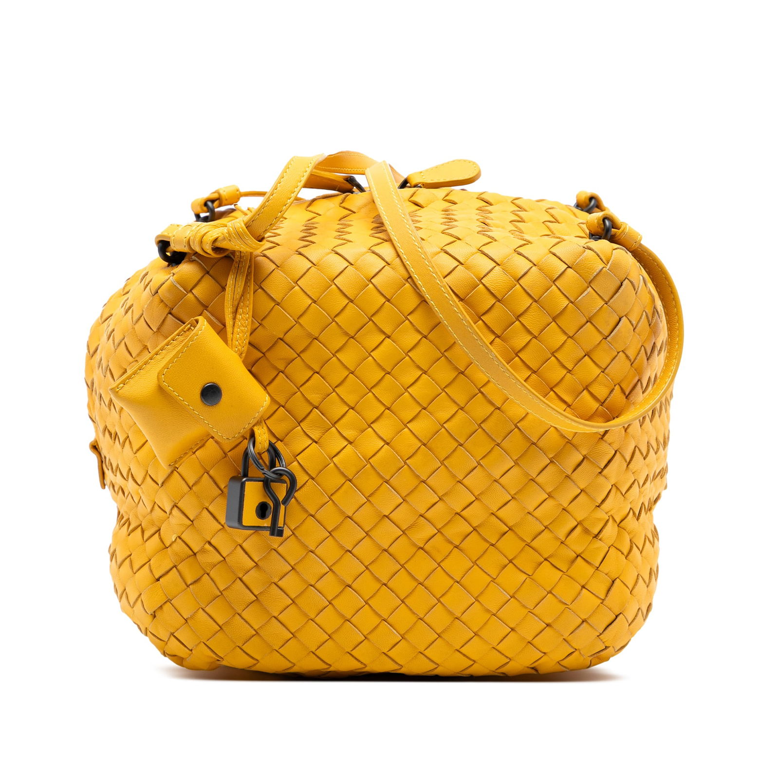 Bottega Veneta Yellow Nappa Intrecciato Cube Crossbody Bag: Bottega Veneta Yellow Nappa Intrecciato Cube Crossbody Bag This stylish Bottega Veneta Nappa Intrecciato Cube Crossbody bag is crafted from luxurious woven leather and features flat leather straps for