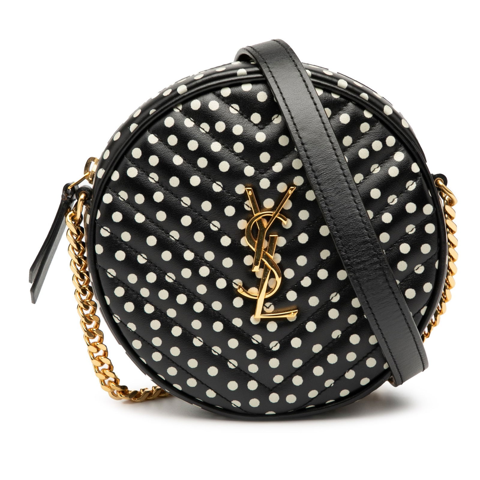 Saint Laurent Round Leather Polka Dot Chevron Crossbody Bag: Saint Laurent Round Leather Polka Dot Chevron Crossbody Bag This Saint Laurent Chevron Calfskin Round Vinyle Polka Dot Crossbody bag features a quilted leather construction with polka dot accents. It