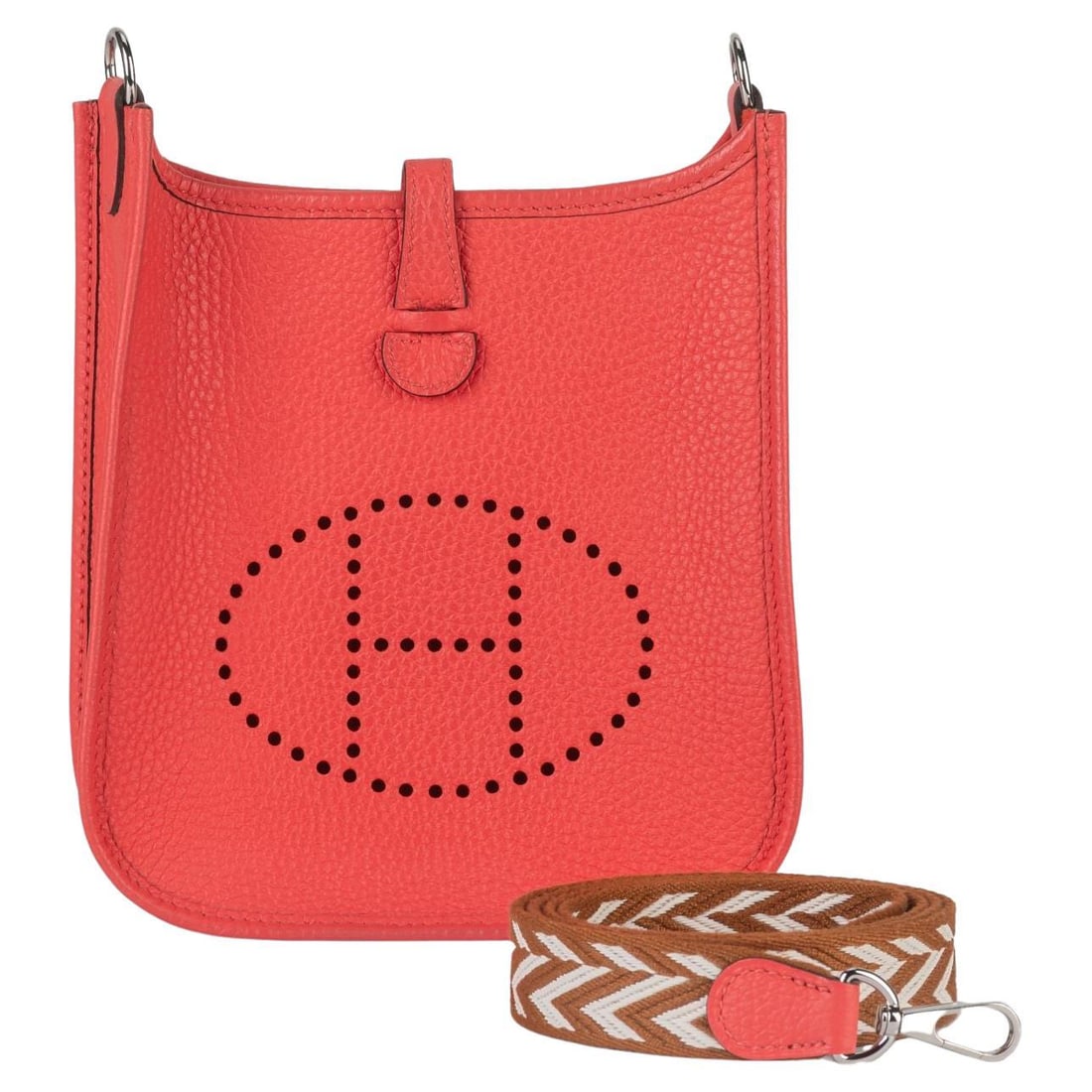 Hermes Mini Evelyne Rouge Pivoine Clemence Leather Bag: Hermes Mini Evelyne Rouge Pivoine Clemence Leather Bag Introducing the Hermes Mini Evelyne Bag in a stunning rouge pivoine color, crafted from luxurious Clemence leather. This exquisite bag features p