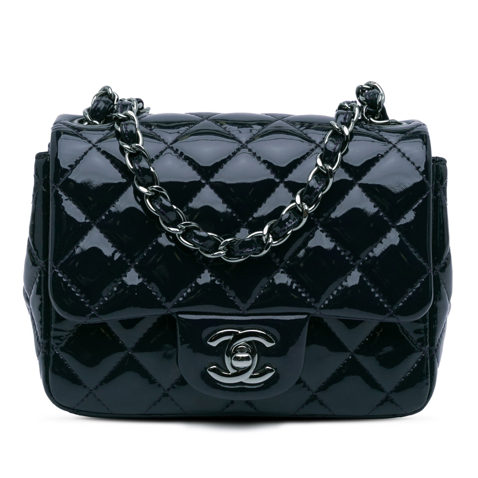 Chanel Mini Square Classic Flap Blue Patent Leather Bag: Chanel Mini Square Classic Flap Blue Patent Leather Bag This Chanel Mini Square Classic Patent Single Flap bag is an elegant accessory crafted from quilted patent leather in a stunning blue hue. It fe