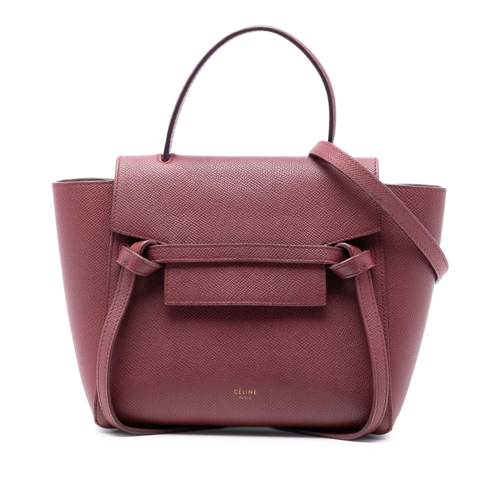 Celine Nano Belt Bag Red Grained Calfskin Leather with Strap: Celine Nano Belt Bag Red Grained Calfskin Leather with Strap This Celine Nano Grained Calfskin Belt Bag showcases a structured silhouette crafted from grained leather in red. It features a flat leathe