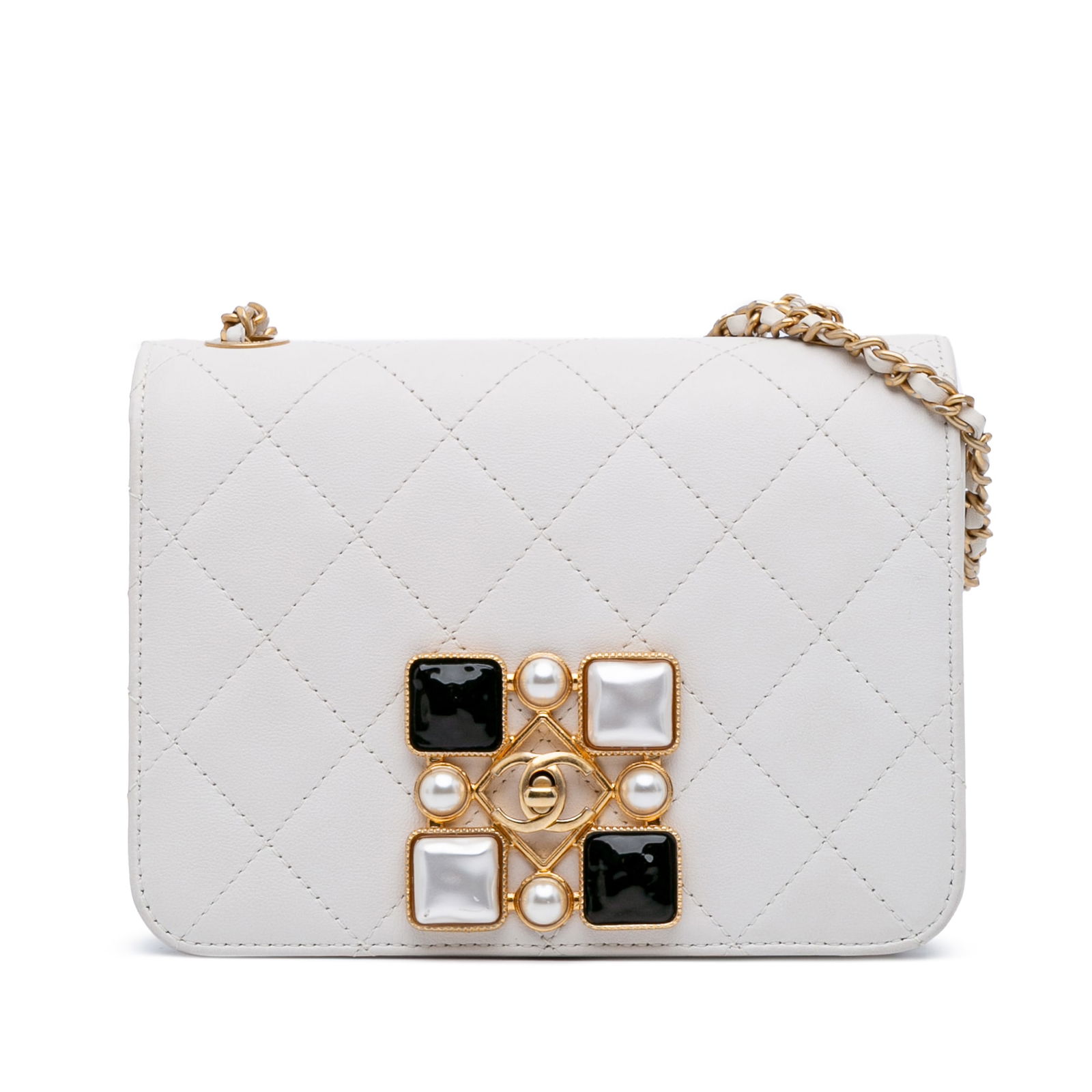Chanel Small CC Quilted Calfskin Flap Bag with Crystal Pearl: Chanel Small CC Quilted Calfskin Flap Bag with Crystal Pearl Introducing the Chanel Small CC Quilted Calfskin Crystal Pearl Full Flap, a luxurious handbag crafted from premium quilted leather. This el