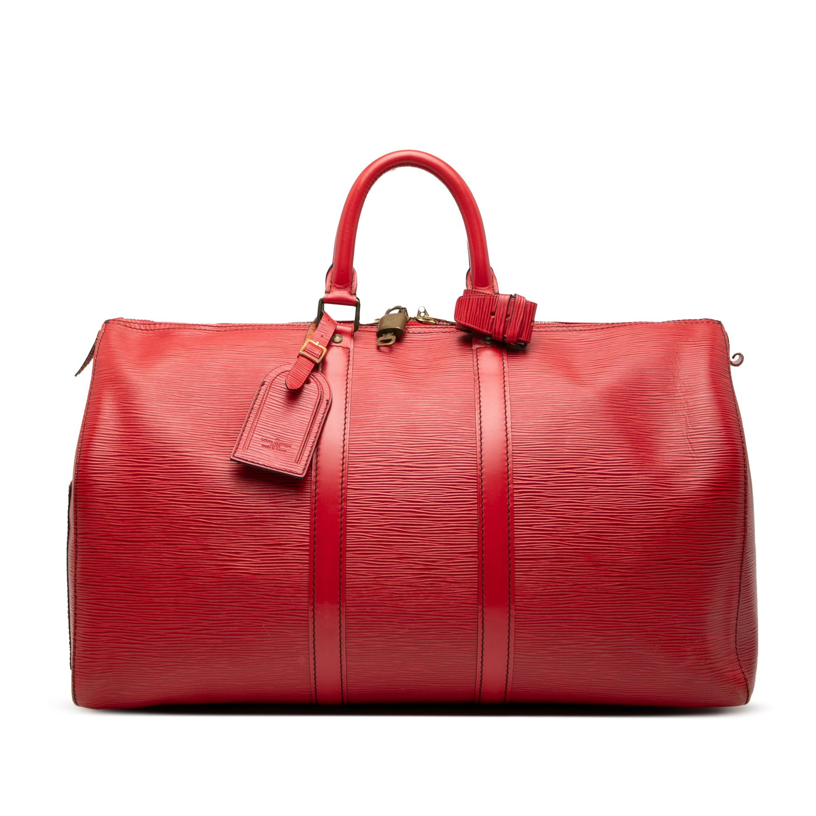 Louis Vuitton red Epi leather Keepall 50 travel bag with side slip pocket: Louis Vuitton red Epi leather Keepall 50 travel bag with side slip pocket The Louis Vuitton Epi Keepall 50 is crafted from signature Epi leather in red and features rolled handles, a top zip closure,