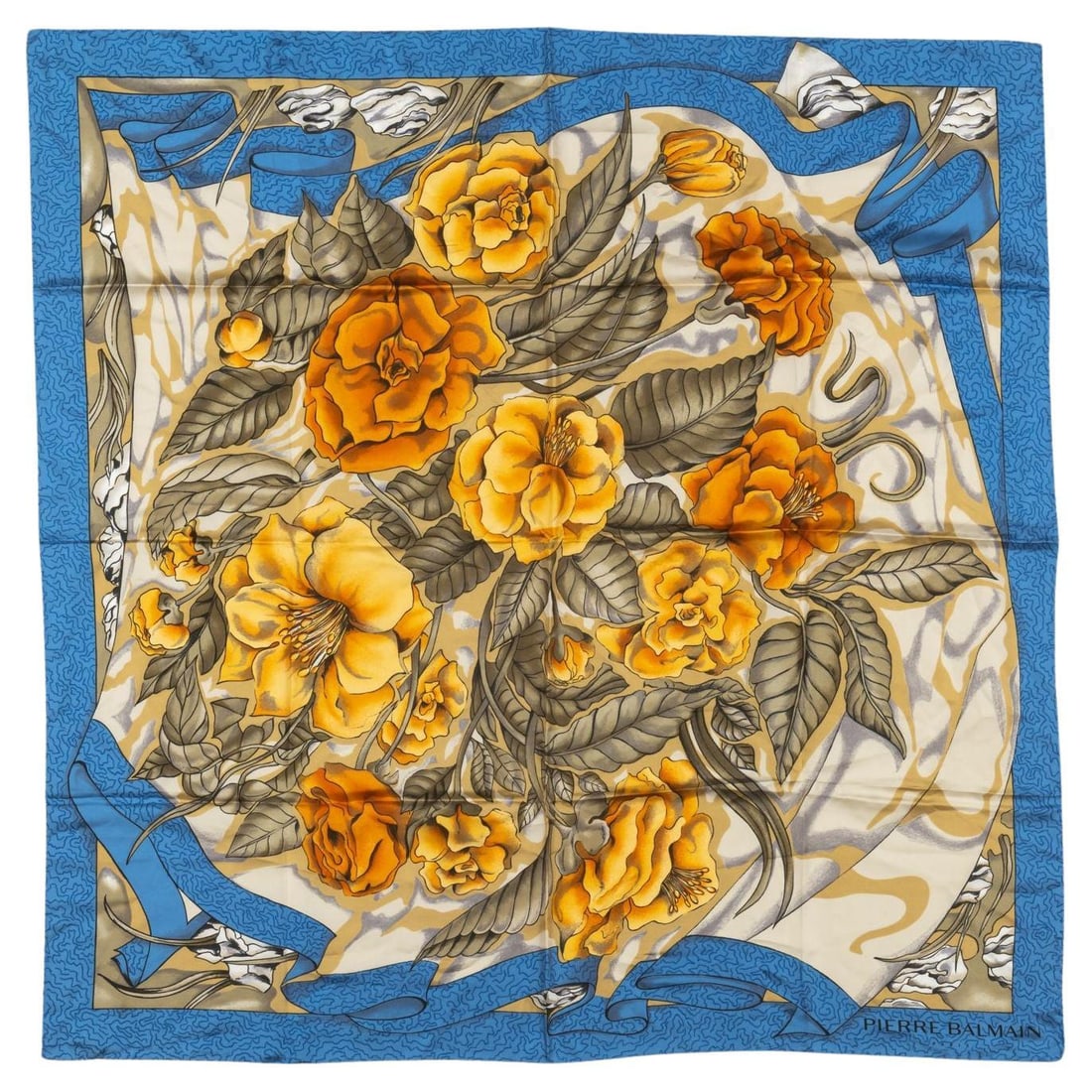 Balmain Vintage Floral Silk Scarf 36x36 Light Blue Gold Tone: Balmain Vintage Floral Silk Scarf 36x36 Light Blue Gold Tone Elevate your accessory collection with this stunning Balmain Vintage Floral Silk Scarf. Crafted from luxurious silk, this light blue scarf