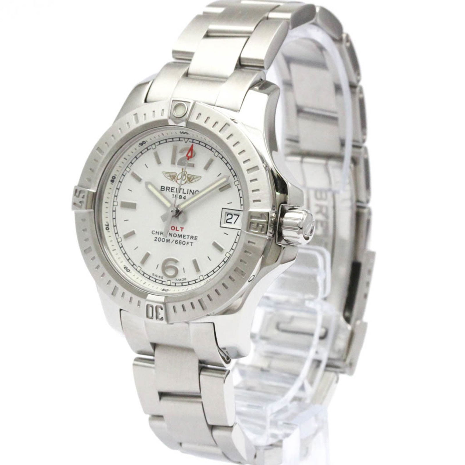 Steel Breitling Colt 33mm Women's Swiss Watch Silver Dial: Steel Breitling Colt 33mm Women's Swiss Watch Silver Dial This Breitling Colt wristwatch features a 33mm steel case and a silver color scheme, designed for women. Made in Switzerland, it is in good co