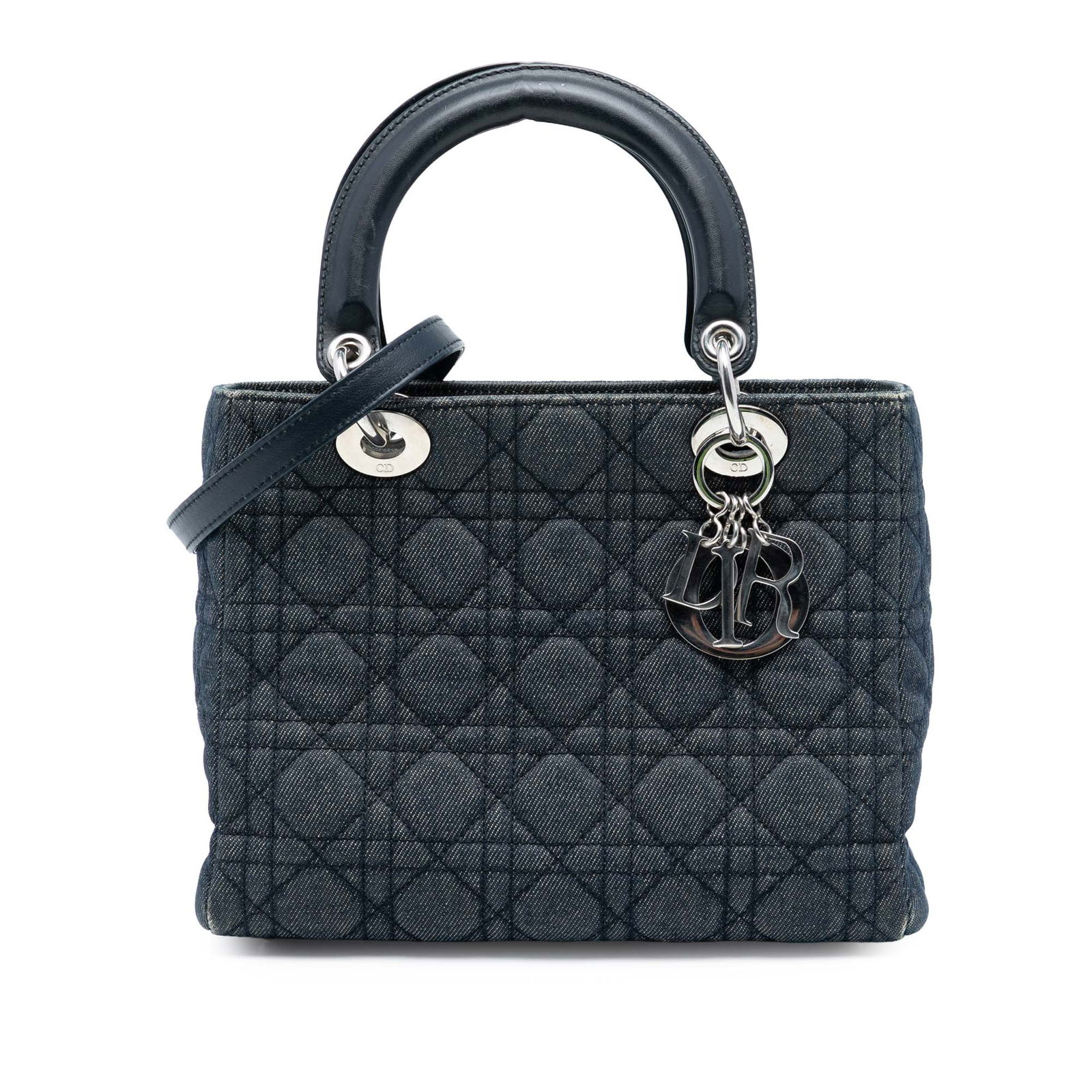 Dior Lady Dior Blue Quilted Denim Medium Satchel with Top Handles and Strap: Dior Lady Dior Blue Quilted Denim Medium Satchel with Top Handles and Strap This Lady Dior satchel features a quilted denim body in blue, with flat top handles and a detachable flat denim strap. It is