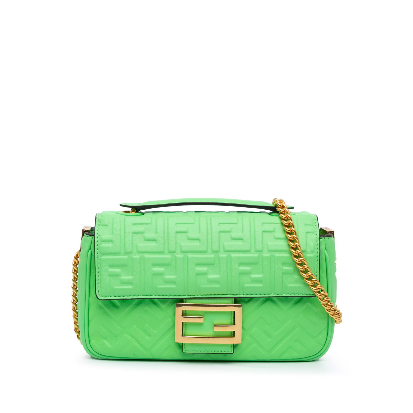 Fendi Zucca Embossed Leather Chain Midi Baguette Green Bag: Fendi Zucca Embossed Leather Chain Midi Baguette Green Bag Introducing the Fendi Zucca Embossed Leather Chain Midi Baguette, an elegant shoulder bag crafted from high-quality embossed leather. This st
