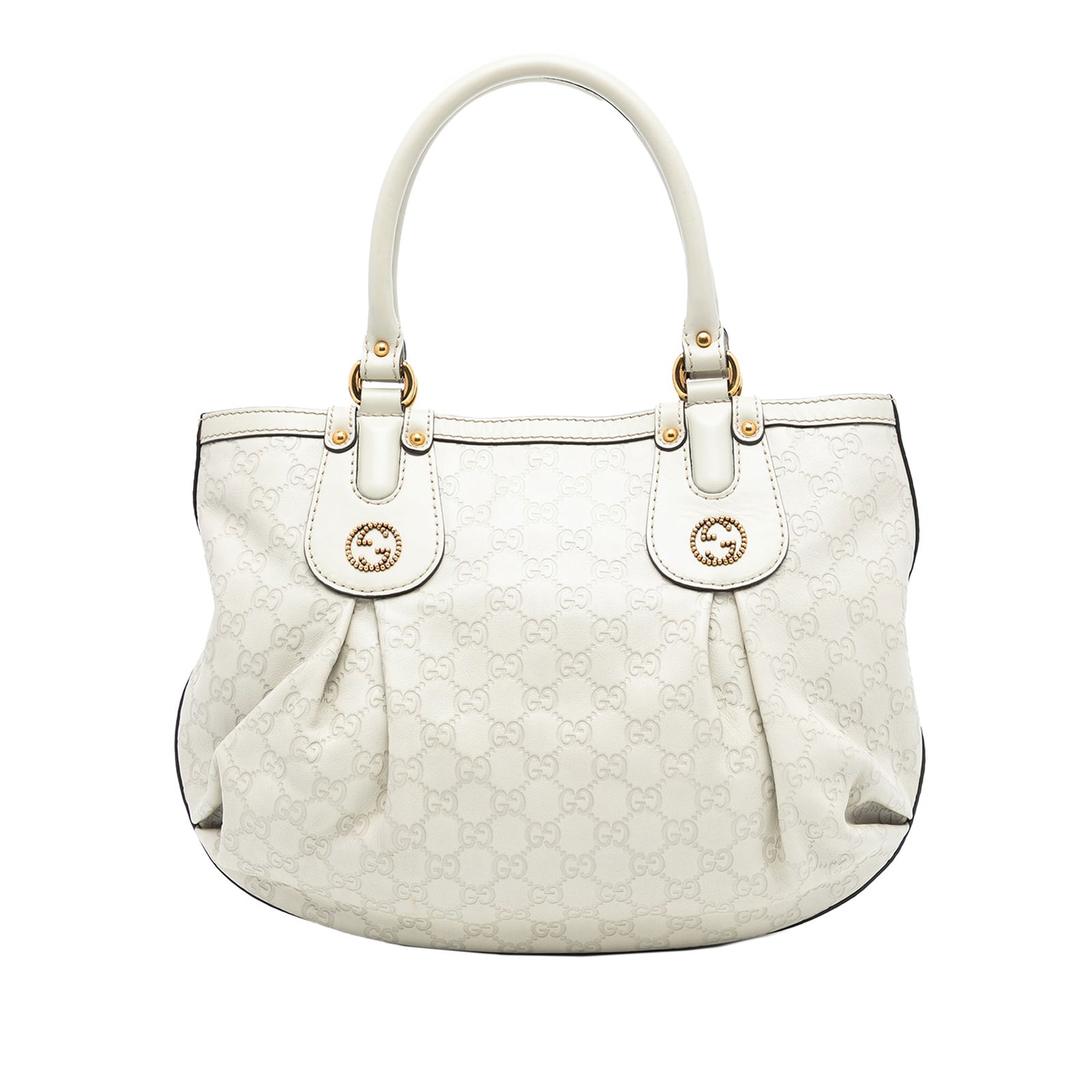 Gucci Guccissima Scarlett White Embossed Leather Tote Bag: Gucci Guccissima Scarlett White Embossed Leather Tote Bag This Scarlett tote bag showcases an embossed leather exterior with rolled leather handles and a top magnetic snap button closure. The interior