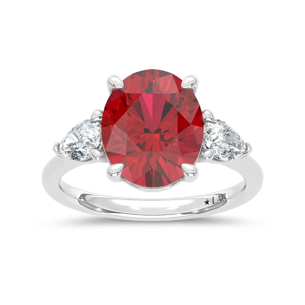 14K White Gold Lab Grown Diamond 5 5/8 Ct.Tw. Cushion Shape Recrystalized Ruby Engagement Ring: 14K White Gold Lab Grown Diamond 5 5/8 Ct.Tw. Cushion Shape Recrystalized Ruby Engagement Ring (Center 5 ct) Indulge in timeless elegance with this 14K white gold engagement ring, featuring a breathta