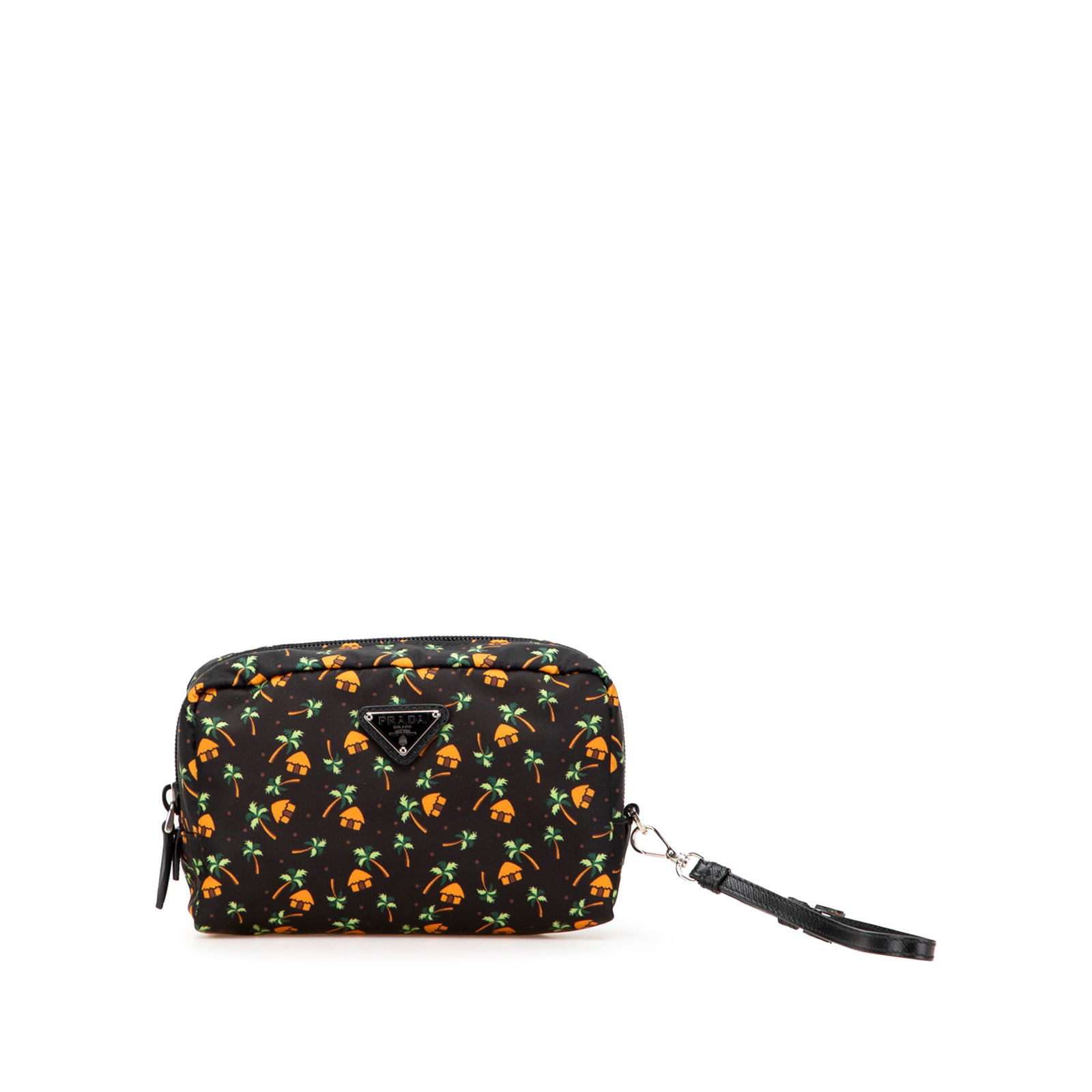 Prada Small Tessuto Saint Palm Black Cosmetic Pouch with Leather Strap: Prada Small Tessuto Saint Palm Black Cosmetic Pouch with Leather Strap The Prada Small Tessuto Saint Palm Cosmetic Pouch is a stylish and functional accessory crafted from printed nylon. This chic pou