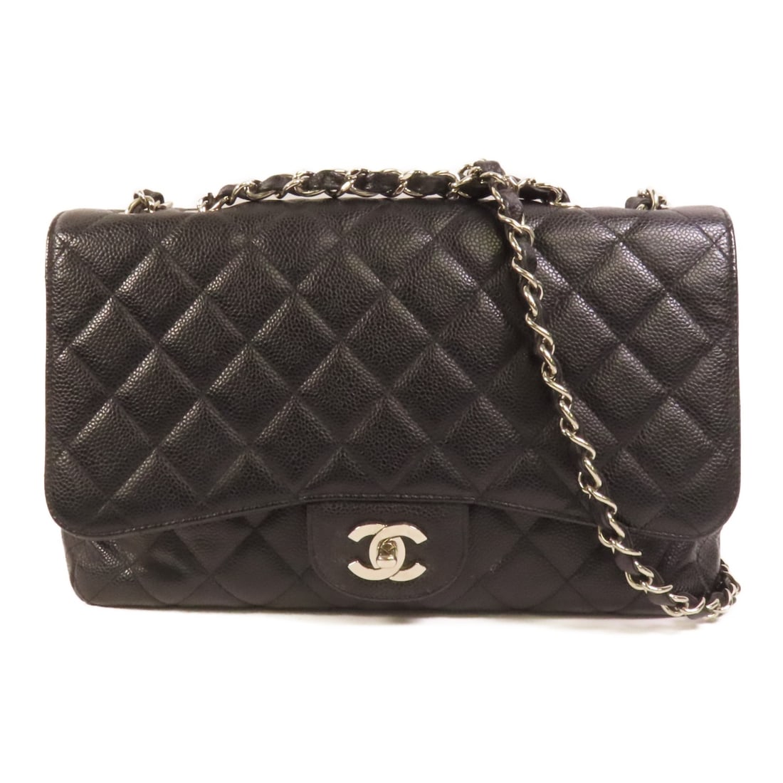 Black Calfskin Large Classic Shoulder Bag by CHANEL with Silver Hardware: Black Calfskin Large Classic Shoulder Bag by CHANEL with Silver Hardware This CHANEL Large Classic Shoulder Bag features a black calfskin leather exterior and silver-tone hardware. Designed in a regul