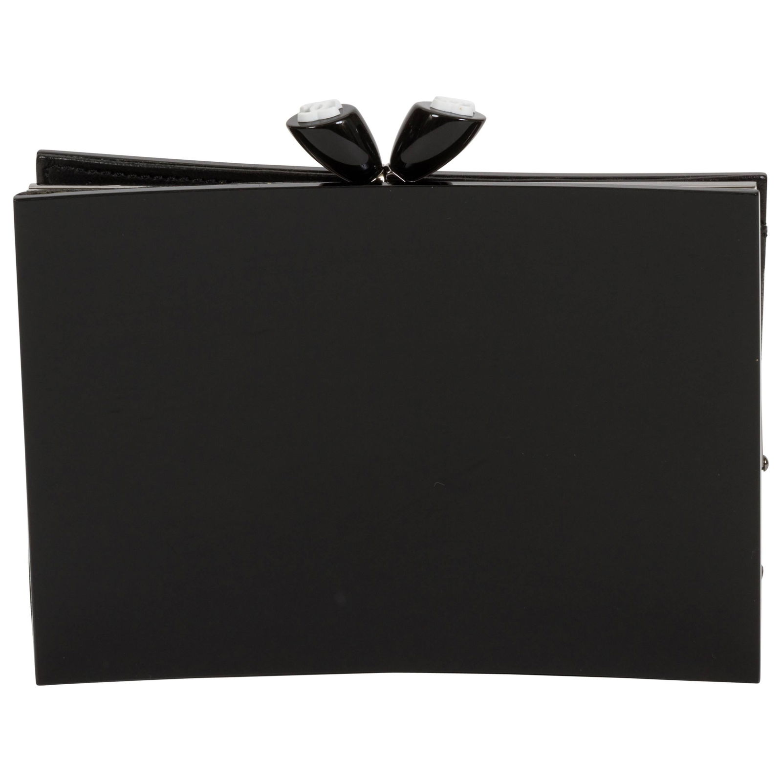 Chanel Black Lucite Kiss Lock Clutch with Box and ID Card: Chanel Black Lucite Kiss Lock Clutch with Box and ID Card Elevate your evening ensemble with this Chanel Black Lucite Kiss Lock Clutch. Crafted in Italy, this stylish clutch features a sleek black Luc