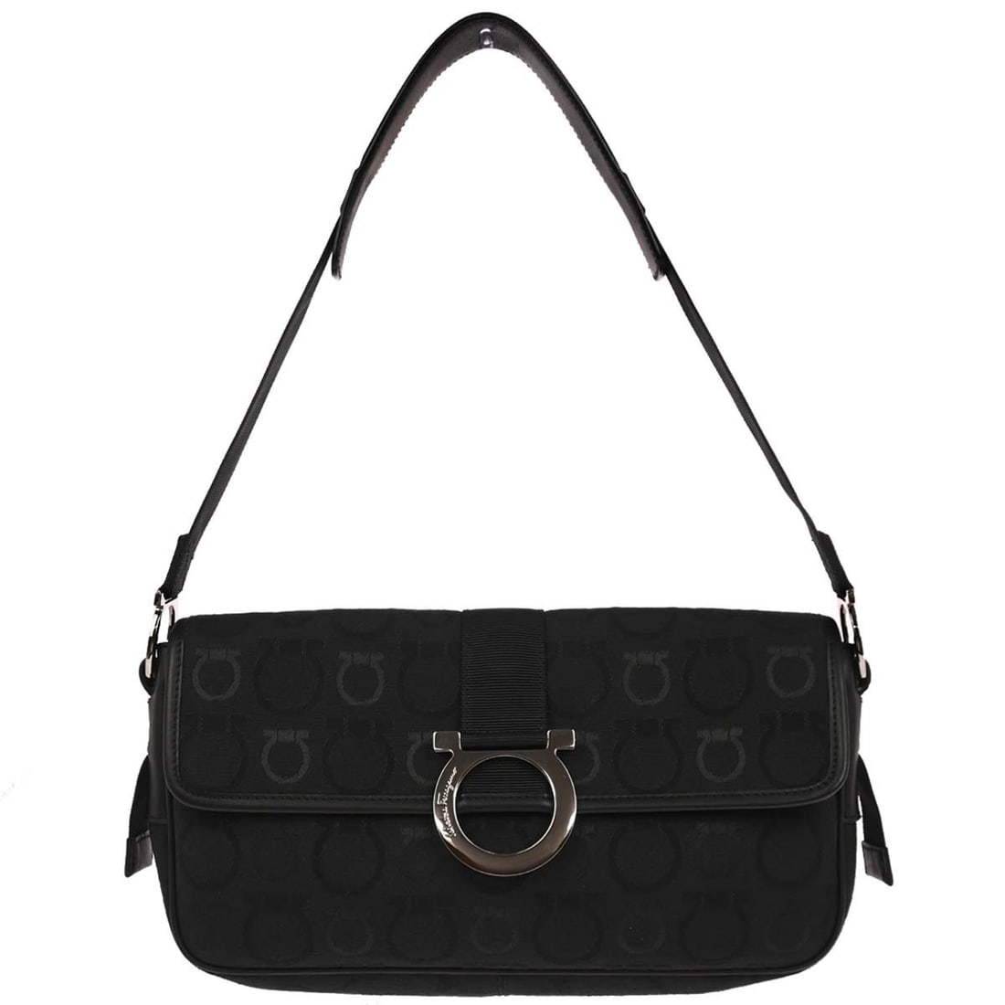 Black Canvas Gancini Top Handle Bag by Salvatore Ferragamo AF-21 5380: Black Canvas Gancini Top Handle Bag by Salvatore Ferragamo AF-21 5380 This Salvatore Ferragamo Gancini top handle handbag features a black canvas and leather exterior with logo accents. Designed in a