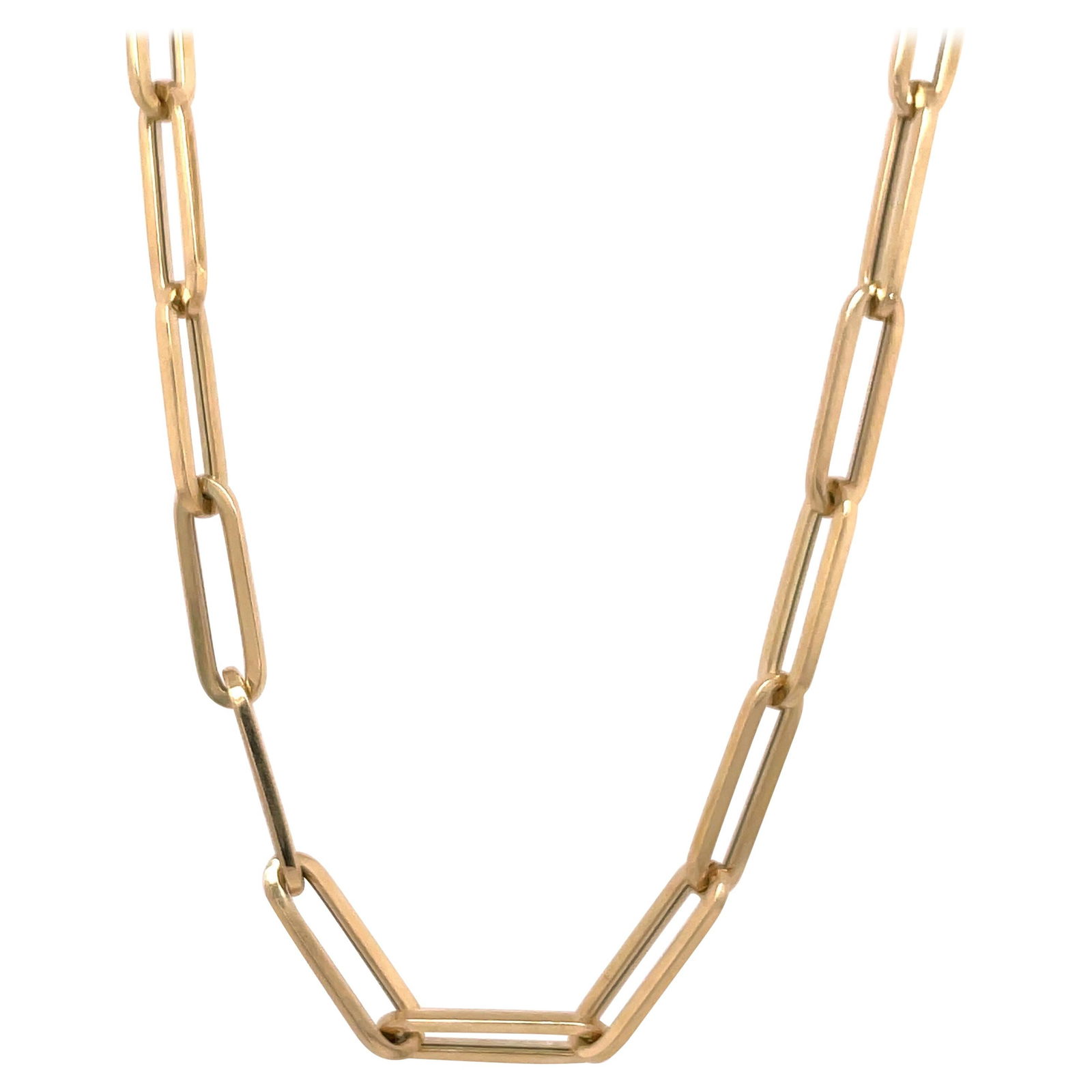 Italian 14K Yellow Gold 24 Inch Paperclip Link Necklace 46 Links: Italian 14K Yellow Gold 24 Inch Paperclip Link Necklace 46 Links This exquisite 14 Karat Yellow Gold Paperclip Link Chain Necklace measures 24 inches in length and showcases a modern contemporary desi