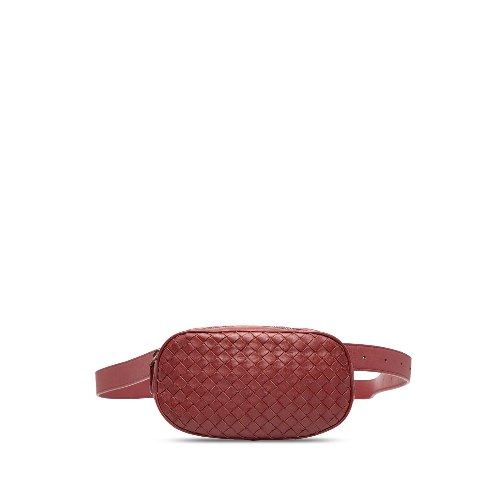 Bottega Veneta Red Nappa Intrecciato Leather Belt Bag: Bottega Veneta Red Nappa Intrecciato Leather Belt Bag Introducing the Bottega Veneta Nappa Intrecciato Belt Bag, a stylish and functional accessory crafted from exquisite woven nappa leather. This bel