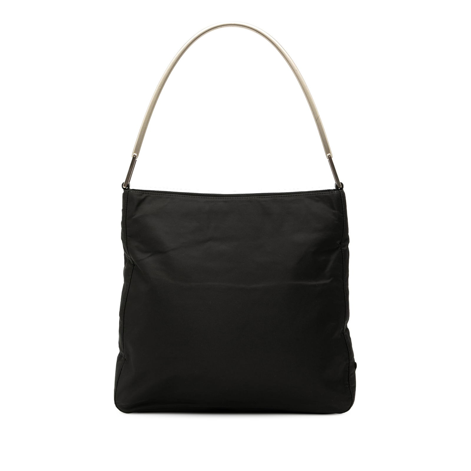 Prada Tessuto Black Nylon Shoulder Bag with Metal Handle: Prada Tessuto Black Nylon Shoulder Bag with Metal Handle The Prada Tessuto Shoulder Bag is a stylish accessory made of durable nylon, featuring a sleek black body. It has a flat metal handle for easy