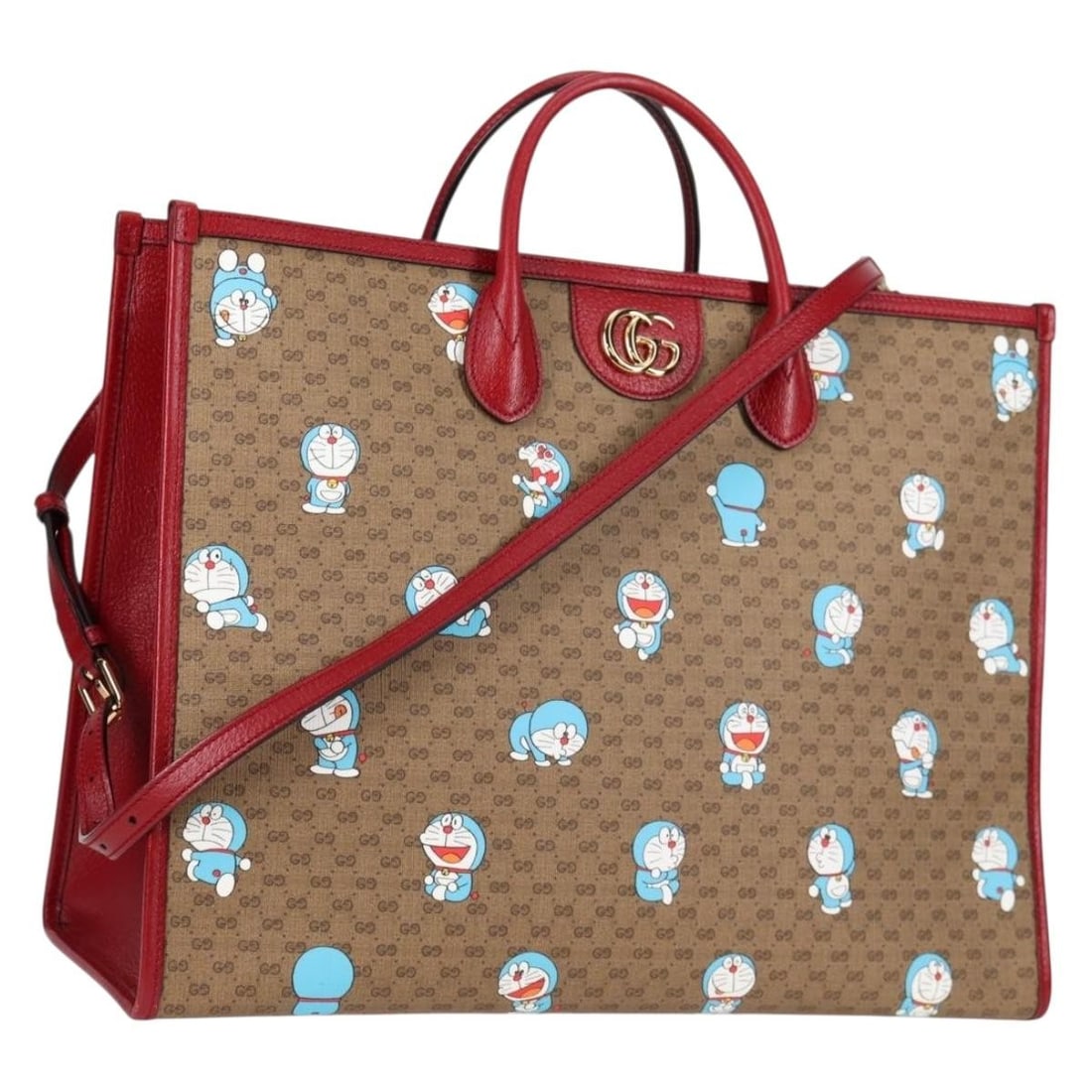 Gucci Doraemon Micro GG Supreme Brown Gold Handbag with Strap and Dust Bag: Gucci Doraemon Micro GG Supreme Brown Gold Handbag with Strap and Dust Bag This GUCCI Micro GG Supreme Doraemon handbag features a two-way design crafted from durable PVC leather with micro small GG c