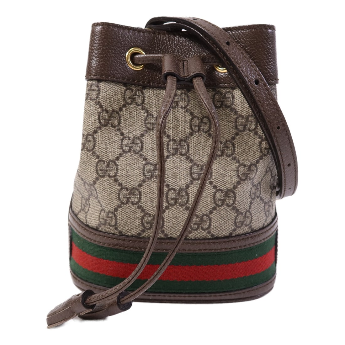 Gucci Ophidia Mini Brown Canvas Shoulder Bag with GG and Gold Hardware: Gucci Ophidia Mini Brown Canvas Shoulder Bag with GG and Gold Hardware This Gucci Ophidia Mini Bucket Shoulder Bag features a brown PVC coated canvas exterior and is designed in a compact bucket silho