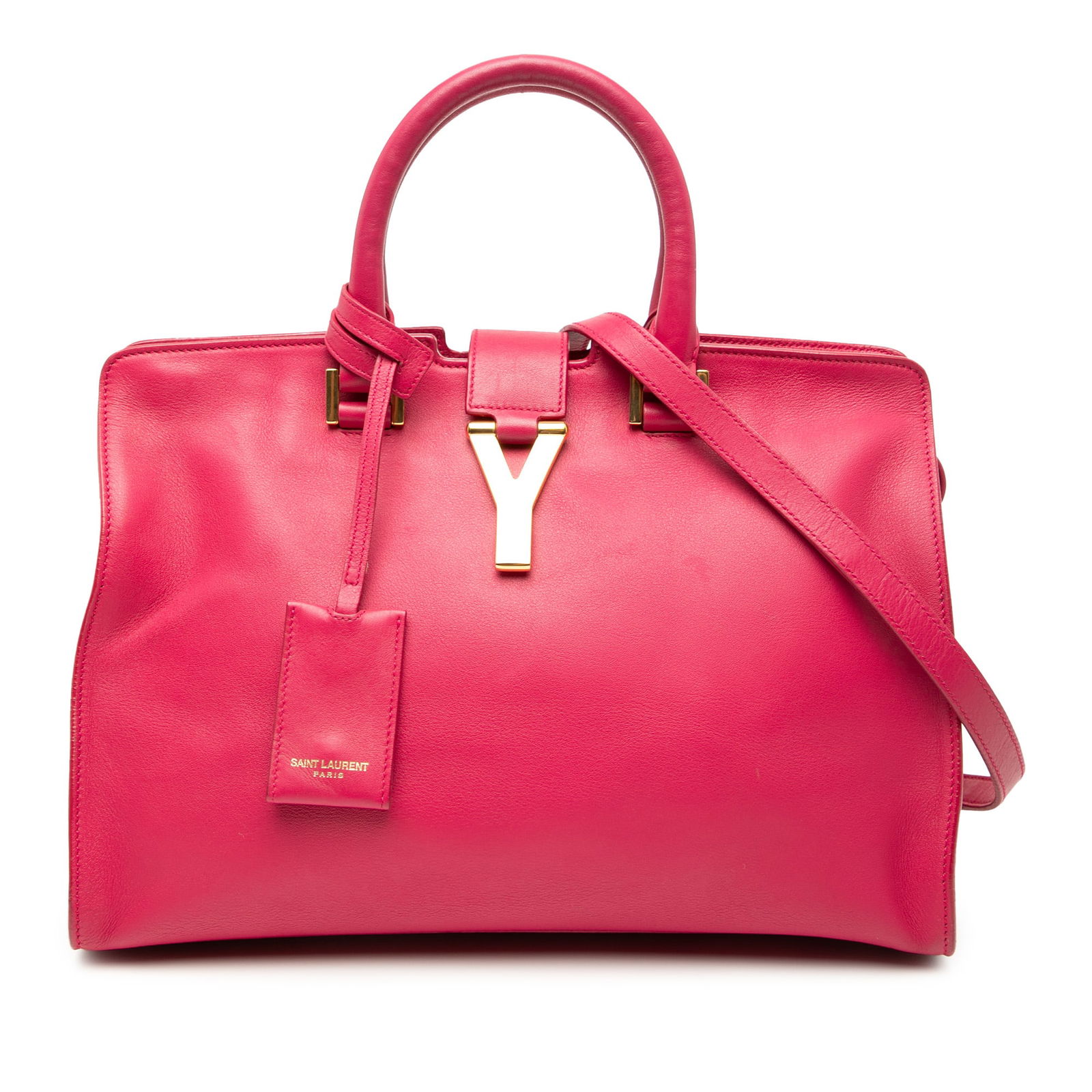 Pink Leather Small Cabas Chyc Satchel Bag by Saint Laurent: Pink Leather Small Cabas Chyc Satchel Bag by Saint Laurent This Saint Laurent Small Calfskin Cabas Chyc Satchel features a pink leather body, rolled leather handles, a detachable flat leather strap, a