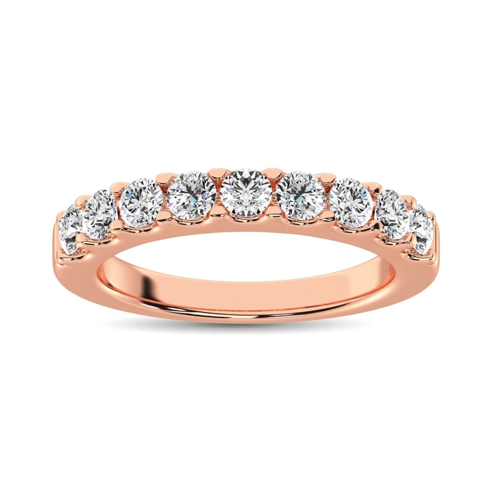 14K Rose Gold Diamond 3/4 Ct.Tw. 9 Stone Anniversary Band: 14K Rose Gold Diamond 3/4 Ct.Tw. 9 Stone Anniversary Band This stunning Anniversary Band is available in 14K Rose Gold. There are 9 round diamonds with a total carat weight of 3/4 Ct.Tw. set in a Pron