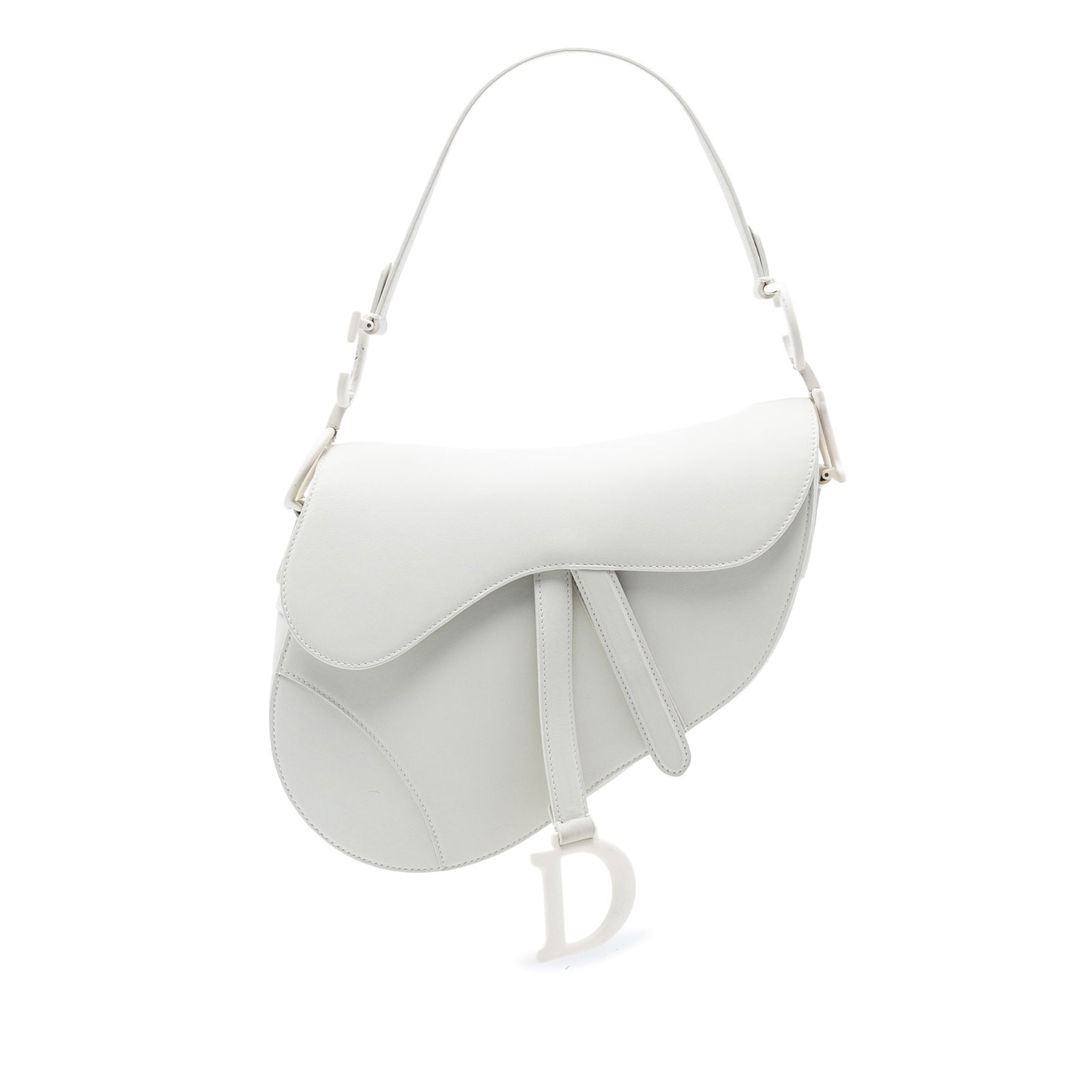 White Dior Saddle Shoulder Bag in Ultra Matte Calfskin Leather: White Dior Saddle Shoulder Bag in Ultra Matte Calfskin Leather This Dior Ultra Matte Calfskin Saddle Bag features a white leather body with a smooth matte finish, a flat leather shoulder strap, a fron