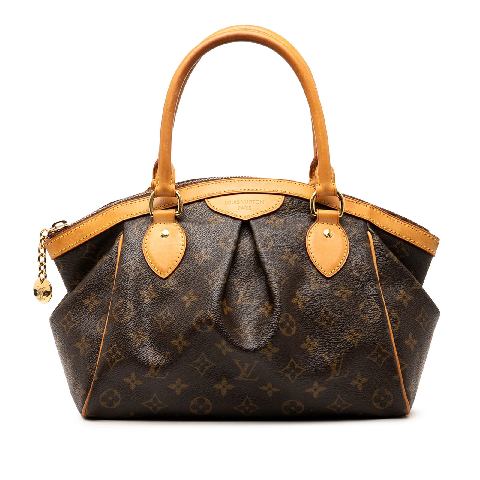Louis Vuitton Tivoli PM Brown Monogram Canvas Handbag with Leather Trim: Louis Vuitton Tivoli PM Brown Monogram Canvas Handbag with Leather Trim The Louis Vuitton Monogram Tivoli PM is crafted with a signature monogram canvas and features vachetta leather trim and rolled v