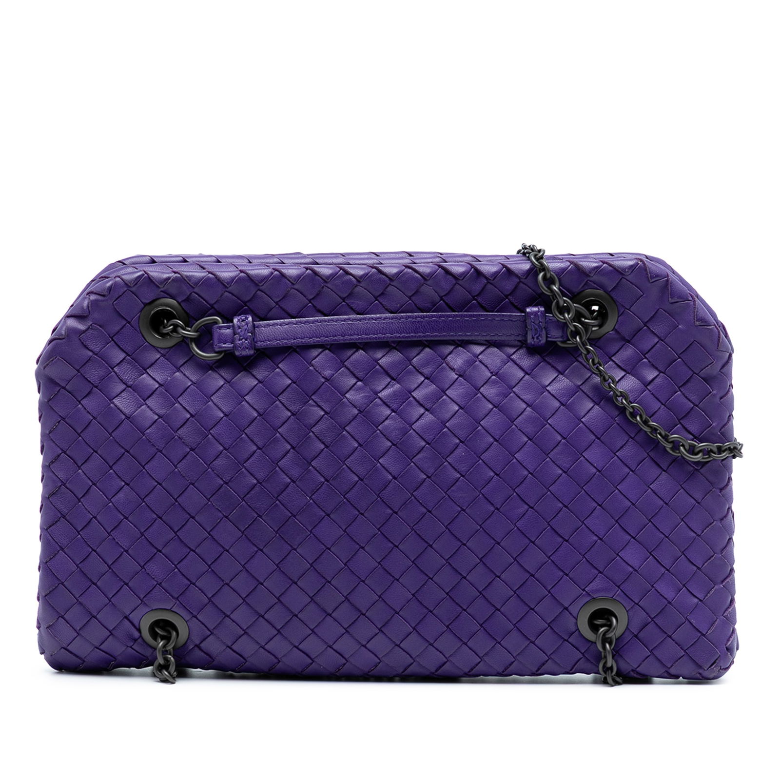 Bottega Veneta Nappa Intrecciato Duo Purple Leather Shoulder Bag: Bottega Veneta Nappa Intrecciato Duo Purple Leather Shoulder Bag The Bottega Veneta Nappa Intrecciato Duo Shoulder Bag showcases exquisite craftsmanship with its woven leather body and stylish chain l