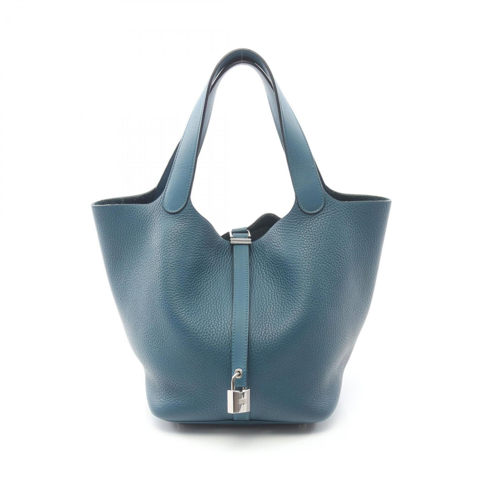 Blue Leather Picotin Bag by Hermes 21cm: Blue Leather Picotin Bag by Hermes 21cm This Hermes Picotin handbag features a blue leather exterior and is designed for women. The bag is crafted in France and measures approximately 21cm x 22cm x 17