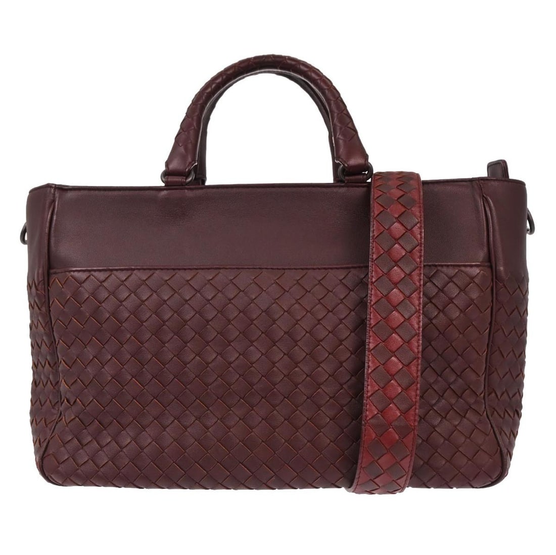 Bordeaux Lambskin Intrecciato 2way Top Handle Bag by Bottega Veneta: Bordeaux Lambskin Intrecciato 2way Top Handle Bag by Bottega Veneta This Bottega Veneta Bordeaux Lambskin Intrecciato 2-way handbag features the classic Intrecciato woven leather pattern and a versati