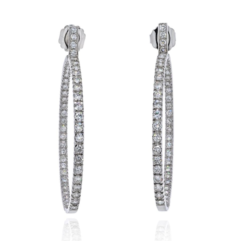 Stunning 18K White Gold 9.25ct Diamond Hoop Earrings 2 Inches: Stunning 18K White Gold 9.25ct Diamond Hoop Earrings 2 Inches Elevate your elegance with these stunning 18K white gold hoop earrings, featuring a remarkable total of 9.25 carats of round cut diamonds.
