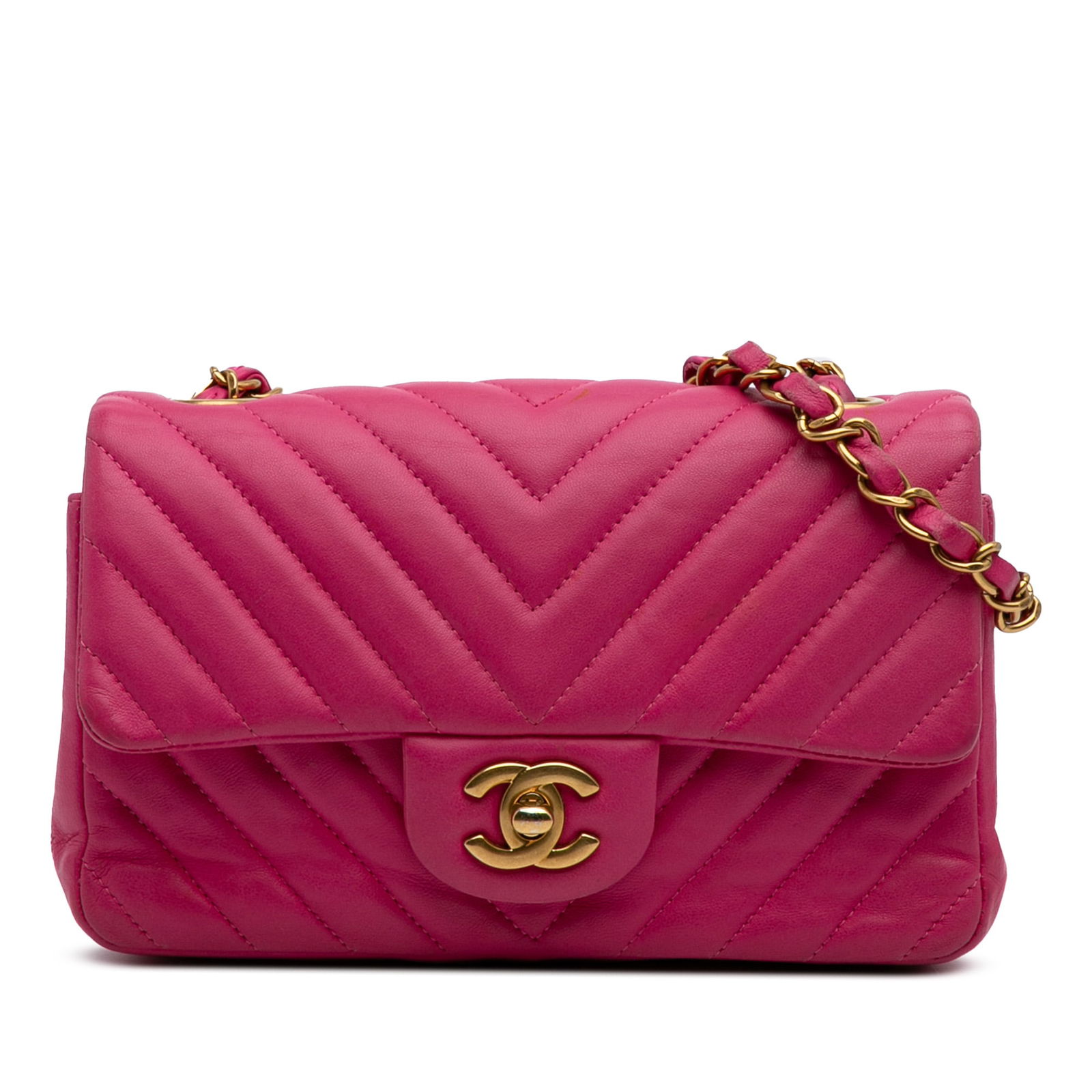 Chanel Mini Rectangular Classic Chevron Flap Pink Lambskin Bag: Chanel Mini Rectangular Classic Chevron Flap Pink Lambskin Bag The Chanel Mini Rectangular Classic Chevron Flap is a stylish and elegant bag made from luxurious quilted lambskin leather. This chic min