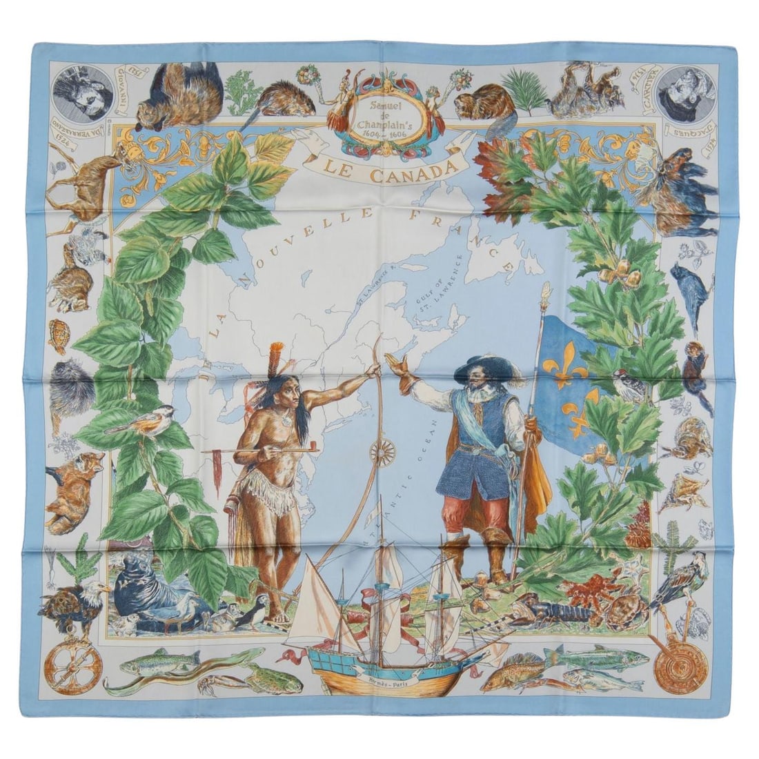 Hermes Le Canada Silk Scarf by Kermit Oliver Collectible 35in: Hermes Le Canada Silk Scarf by Kermit Oliver Collectible 35in Experience the elegance of the Hermes "Le Canada" scarf, a collectible piece designed by renowned artist Kermit Oliver. Crafted from luxur