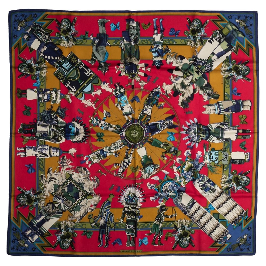 Hermes Kachinas Silk Scarf Red Navy by Kermit Oliver with Box: Hermes Kachinas Silk Scarf Red Navy by Kermit Oliver with Box Elevate your accessory collection with this exquisite Hermes Kachinas silk scarf, designed by renowned artist Kermit Oliver. The scarf fea