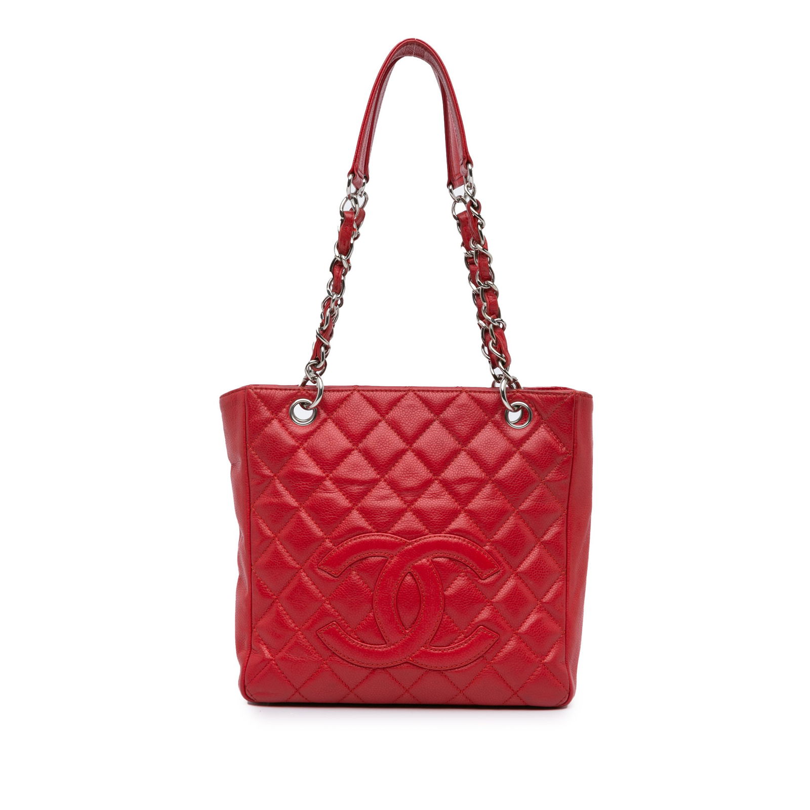 Chanel Caviar Petite Shopping Tote Red Leather Chain Straps: Chanel Caviar Petite Shopping Tote Red Leather Chain Straps The Chanel Caviar Petite Shopping Tote is a sophisticated and stylish accessory crafted from high-quality quilted caviar leather. It feature