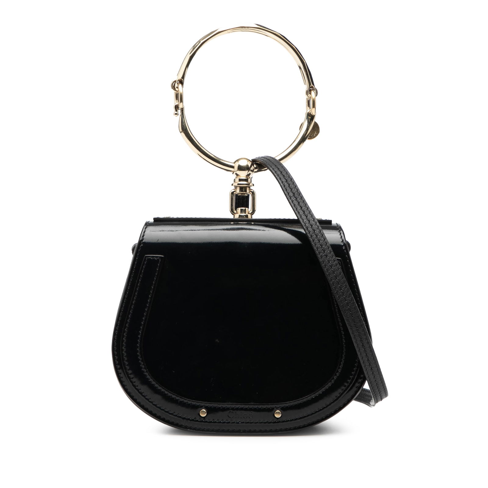 Chloe Nile Small Patent Leather Satchel with Metal Bracelet Handle: Chloe Nile Small Patent Leather Satchel with Metal Bracelet Handle This Chloe Small Patent Nile Bracelet Satchel showcases a patent leather body with a distinctive metal hoop handle and a detachable f